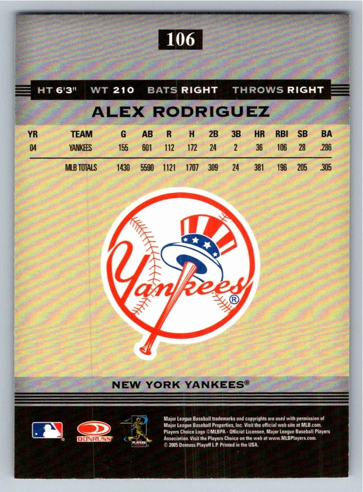 2005 Donruss Greats Alex Rodriguez 106 - Image 2 of 2