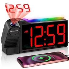 Peakeep Projection Alarm Clock for Bedroom Ceiling 180° Rotatable, Loud for H...