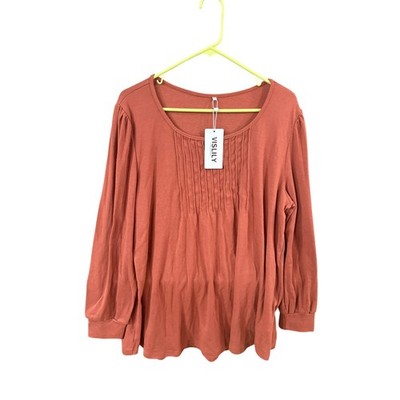 Vislily Womens Plus Size 1XL Rust Orange Pintuck Pleated Long Sleeve Top Blouse