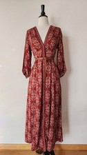 New Anthro Maxi Dress Size Small Burgundy Floral Pockets Peasant Boho Button
