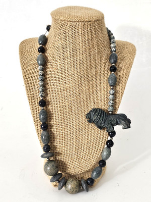 Vintage Marble Beaded Green Lion Statement 12'' Necklace ''FLAW'' Lion Missing Foot