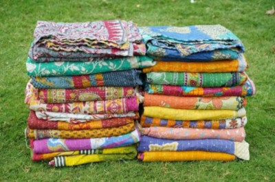 10PCS Vintage Kantha Quilt Indian Handmade Patch Work Blanket Cotton Bedspread