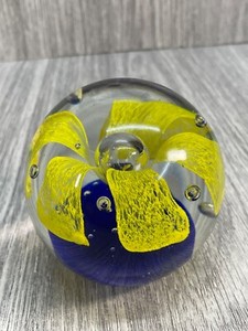 Glass Paperweight Vintage 3" in size Yellow Flower inside bubble burst