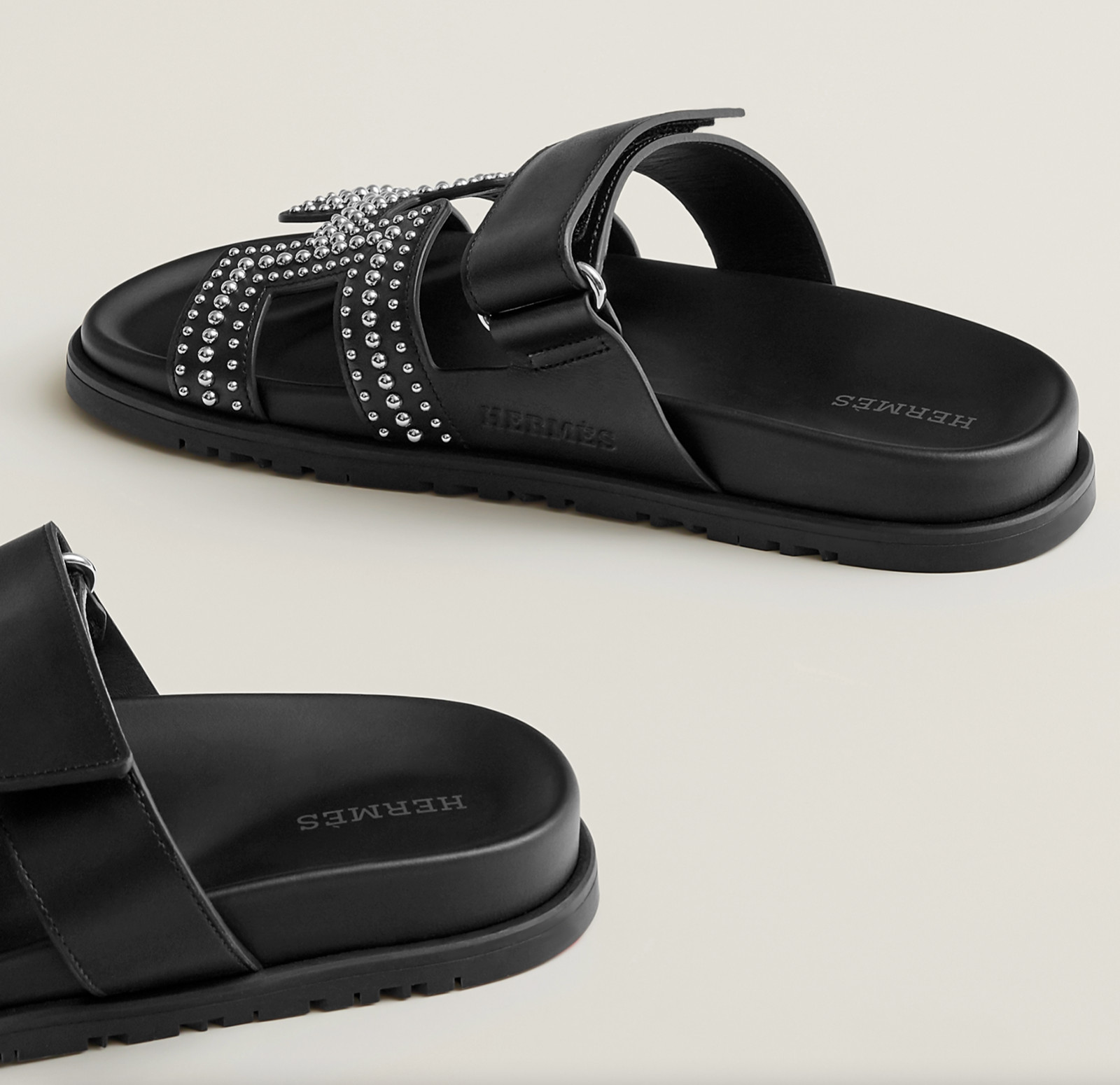 Hermes Chypre Sandal Black Silver Studded Stud H Logo Slide Slip On Flat 37.5 image 8