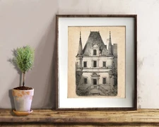 French Country Decor French Chateau Architecture Drawing Unframed Art Print no.1