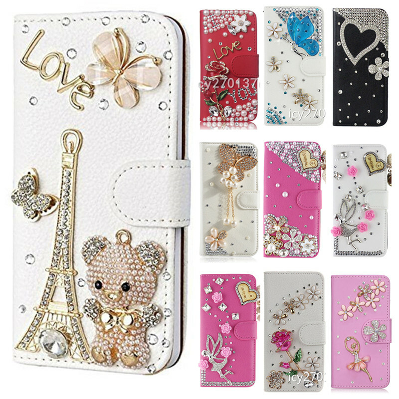 Custodia portafoglio Flip Bling Diamonds cristalli pelle per iPhone Samsung