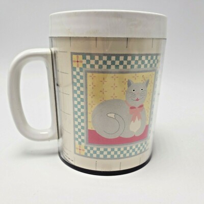 Gingham Cat Thermo Serv Insulated Plastic Coffee Mug Cup Audrey 1980s