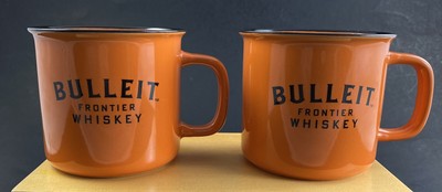 (2) BULLEIT Frontier Bourbon Kentucky Whiskey Orange & Black Ceramic Mugs EC