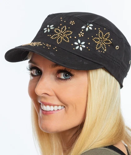 Damen Army Cap Vintage look mit Glitzersteinen verziert (290)