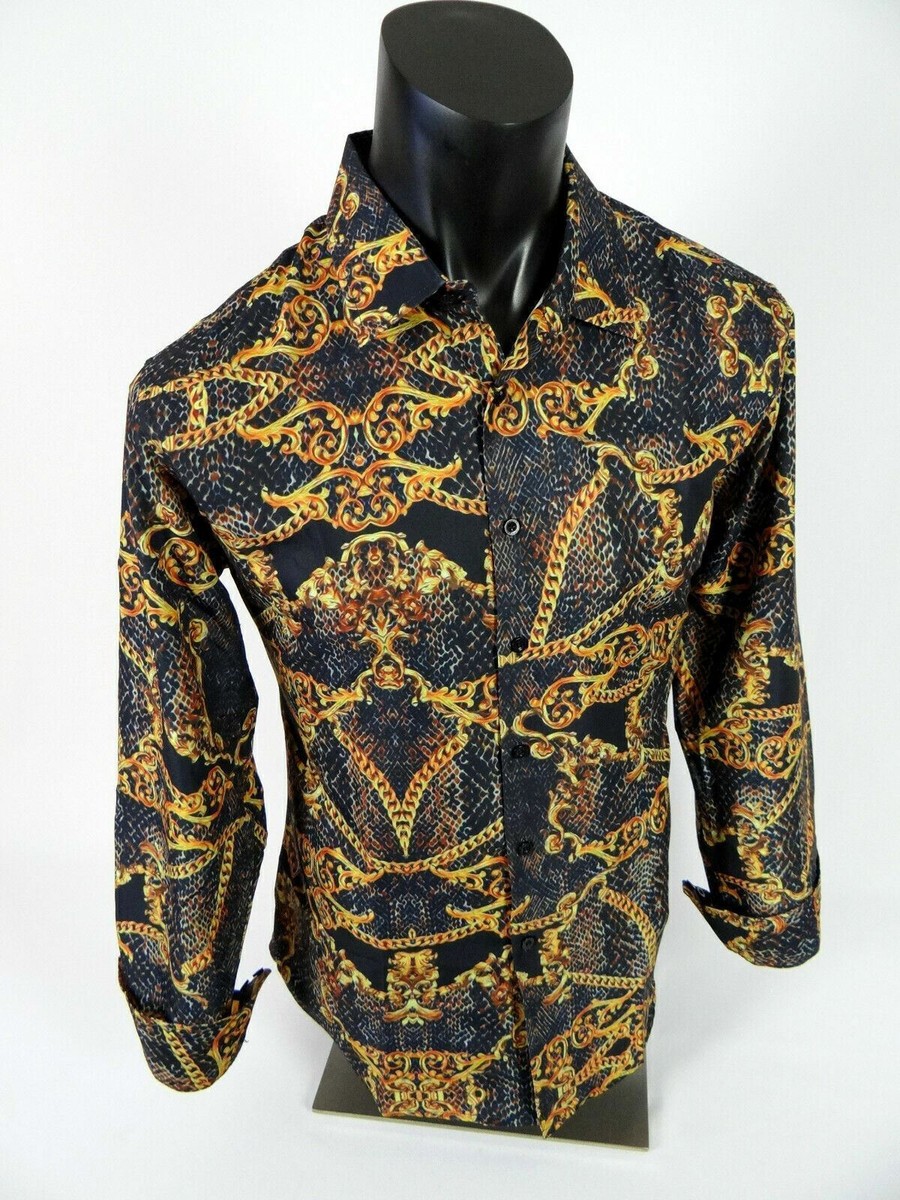 Mens Premier Shirt Black Gold Chain Floral Snake Print SLIM FIT Button Front | eBay Mens Premier Shirt Black Gold Chain Floral Snake Print SLIM FIT Button Front | eBay