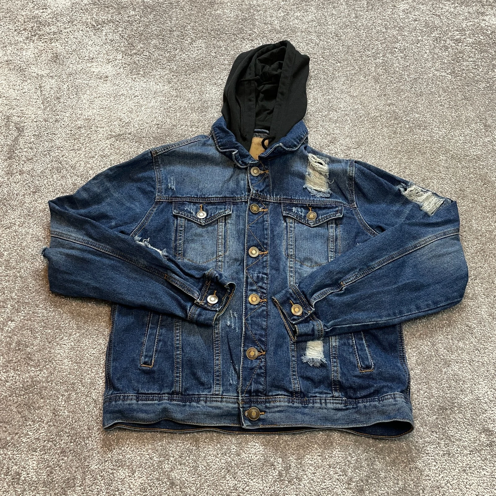 VETEMENTS Giacca jeans Rue 21 donna piccola blu denim invecchiato lavaggio scuro nero con cappuccio