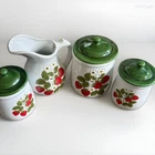 Vtg 1978 McCoy Pottery Strawberry Country 3 Canisters Jars & Milk Pitcher Lot
