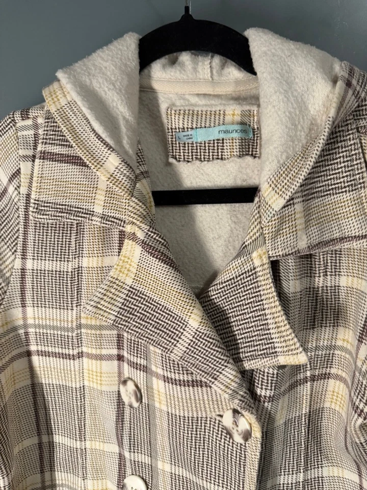Maurices Beige Brown Plaid Hooded Pea Coat Fleece Lined Size L Pre-Owned - Image 2 of 4