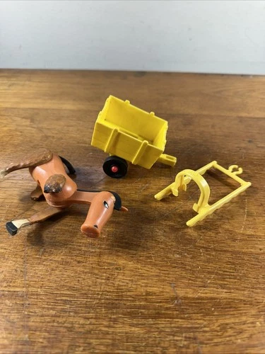 Vintage Fisher Price Little People lot HORSE brown with Yellow HARNESS & CART