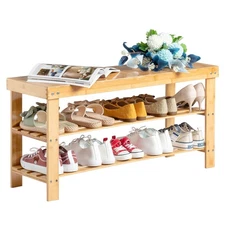 2 Tier Hallway Shoe Bench Entryway Storage Natural Solid Bamboo Organizer Rack