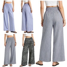 Women Pants Summer Wear Bottoms Travel Trousers Pull On Wide Leg Striped Loose