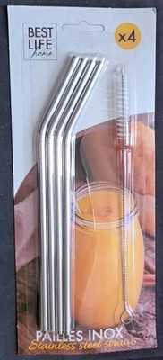 4x Silber Wiederverwendbar Trinken Gebogen Metall Strohhalme mit Reinigungszubehör