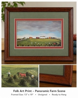 Framed Folk Art Farm Landscape Print Country Harvest Scene 13x19 Rustic Decor