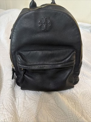 Tory Burch Black Pebbled Leather Logo Adjustable Strap Backpack w/ Gold Hardware