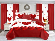 PRISCILLA 10 PCS KINGS SIZE QUILT SET 100 COTTON RED HEART DESIGN WITH CURTAINS