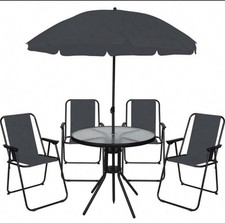6 Piece Patio Dining Set with Garden Umbrella 4 Folding Chairs, Grey