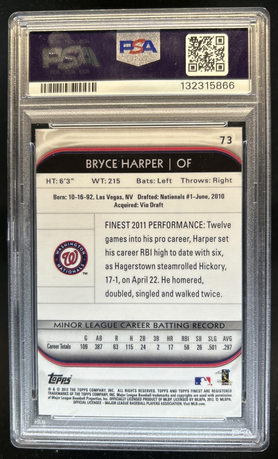 2012 Topps Finest Bryce Harper RC Rookie #73 Nationals PSA 9 view 2
