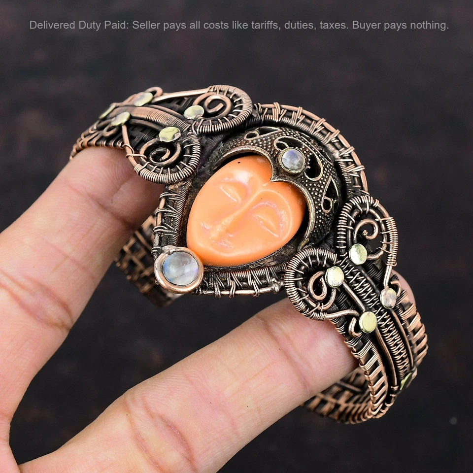 Cobre Naranja Tallado Cara Piedra Arco Iris Piedra Lunar Alambre Envuelto Art Deco Nuevo Brazalete Foto 3 de 4