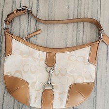 Coach Crescent Logo Cream/Camel Canvas Leather Shoulder Bag Buckle Zip 11811