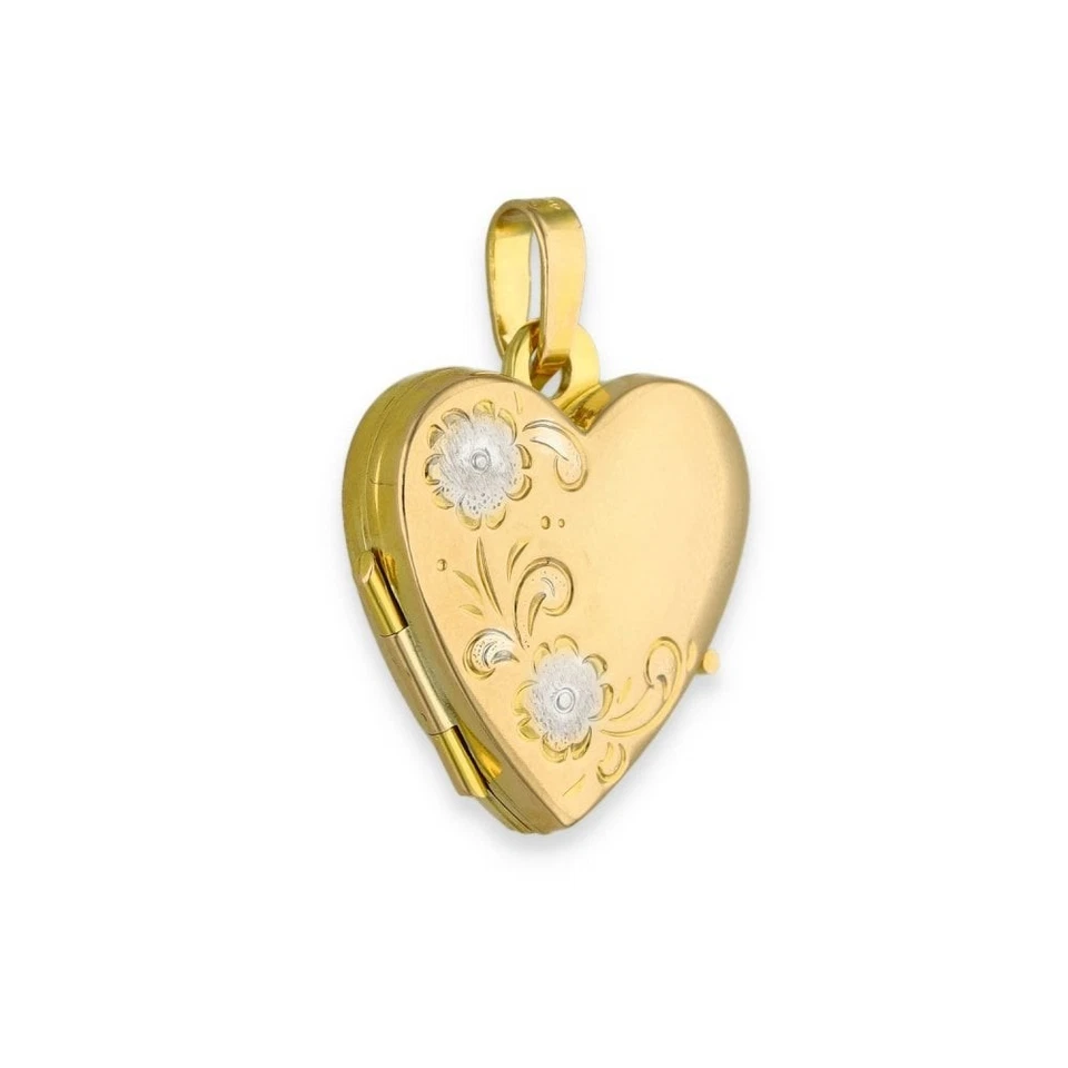 9ct Yellow & White Gold Flower Engraved Heart Locket - 17x18x5mm - Image 4 of 4