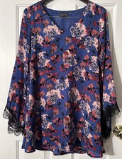 ASTR the Label SMALL Blue Floral Bell Sleeve Dress V Neck Black Lace Bell Sleeve