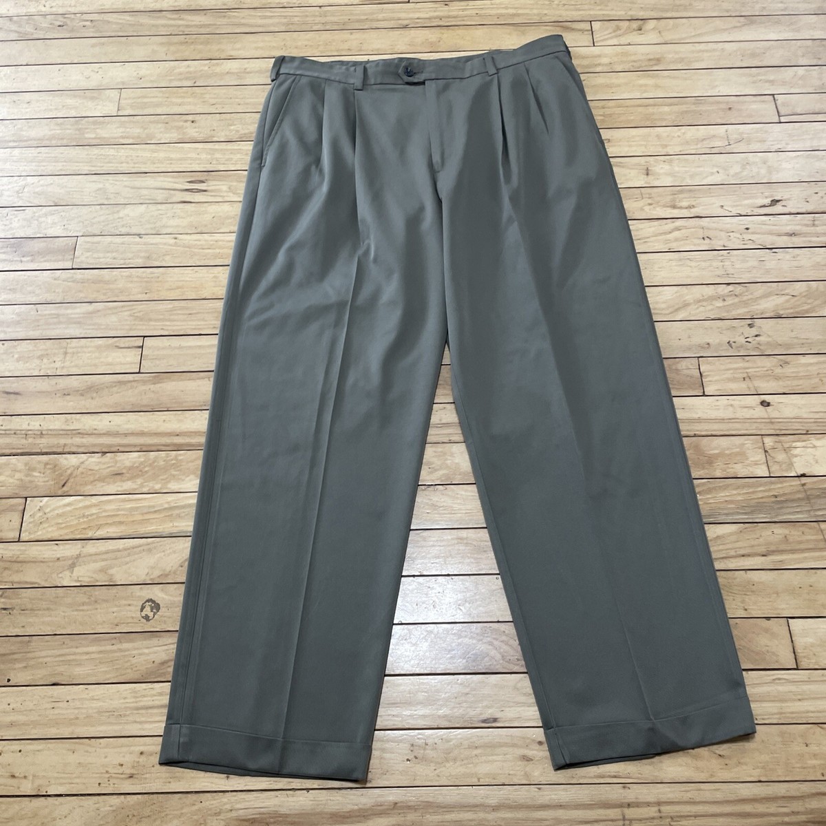 IZOD Pleated Pants Men 36/32 Green Retro 90s Cuffed Trousers
