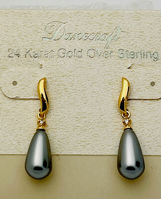 DaneCraft Ohrringe 24 KT Gold über 925 Sterlingsilber grau Kunstperlen