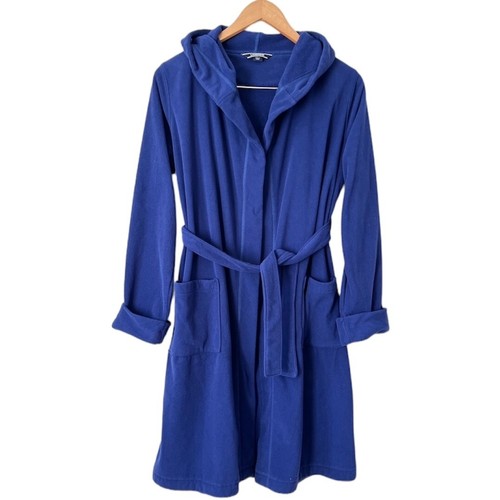 Land's End Kids Fleece Robe Dark Navy Blue Size 16 Pockets Hood Belted
