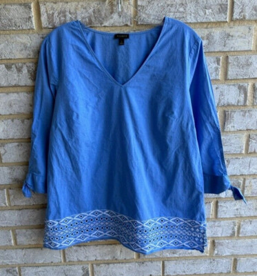 Talbots V-Neck Embroidered Lace Bottom Accent Shirt Blouse Women's Size L.
