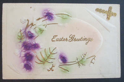 Easter Greetings Flowers Cross Unposted DB EMB Postcard