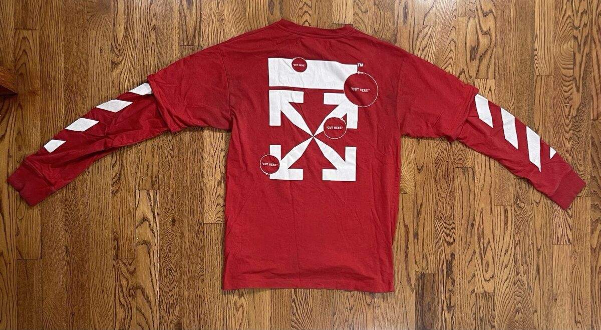 Off White Double Sleeve Diagonal Cut Here T Shirt Red Men's Off White Double Sleeve Diagonal Cut Here T Shirt Red Men's