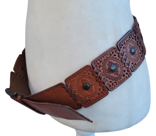 Lauren Ralph Lauren Leder verziert genäht Patchwork Gürtel klobig breite Schnalle M7 - Bild 4 von 5