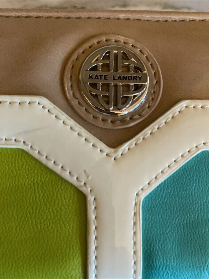 New Kate Landry Color Block Taupe Green Blue Zip Closure Leather Wallet - Image 2 of 4