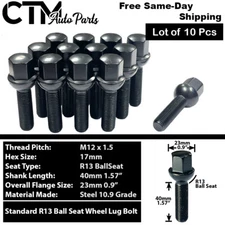 10x Black 12x1.5 Lug Bolts 40mm Shank Ball Seat Fit Mercedes Stock Alloy Wheels