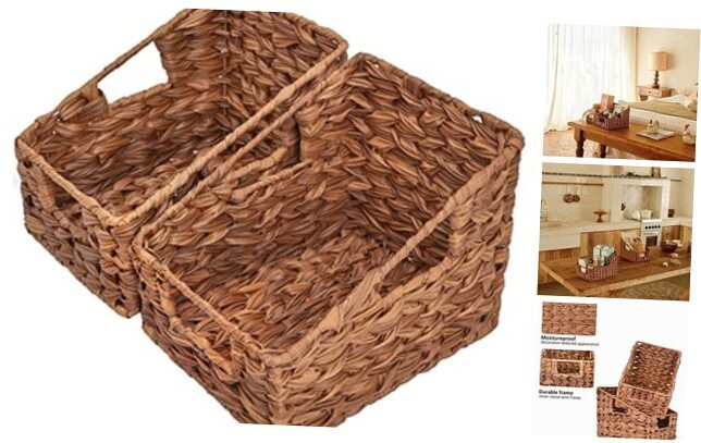 Wicker Storage Baskets for Shelves, Trapezoid Woven Basket with Handles,-image