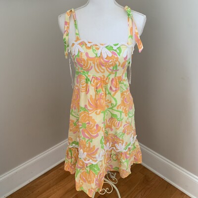 Lilly Pulitzer Size Yellow Linen Floral Spaghetti Strap Baby Doll Dress 