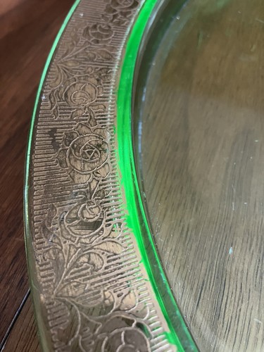 Vtg 1930 Tiffin Franciscan Rambler Rose Green Depression Glass 24k Cake ServerUV - Picture 8 of 14