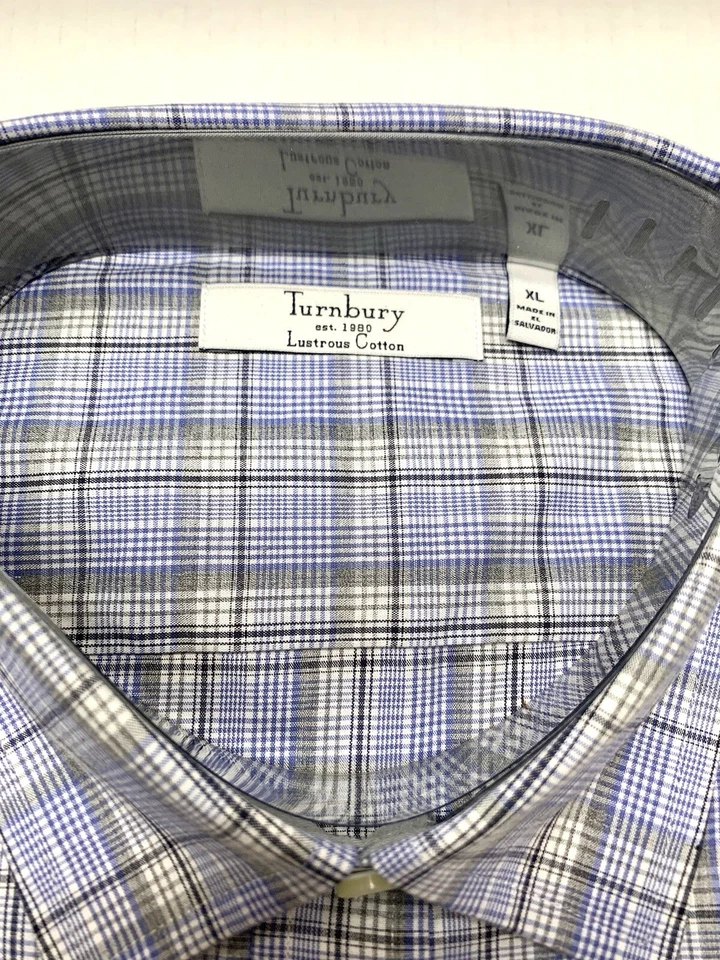 全新 Turnbury 正装衬衫 男式 XL 棉蓝色灰色格子长袖纽扣 — 第 2/4 张图片