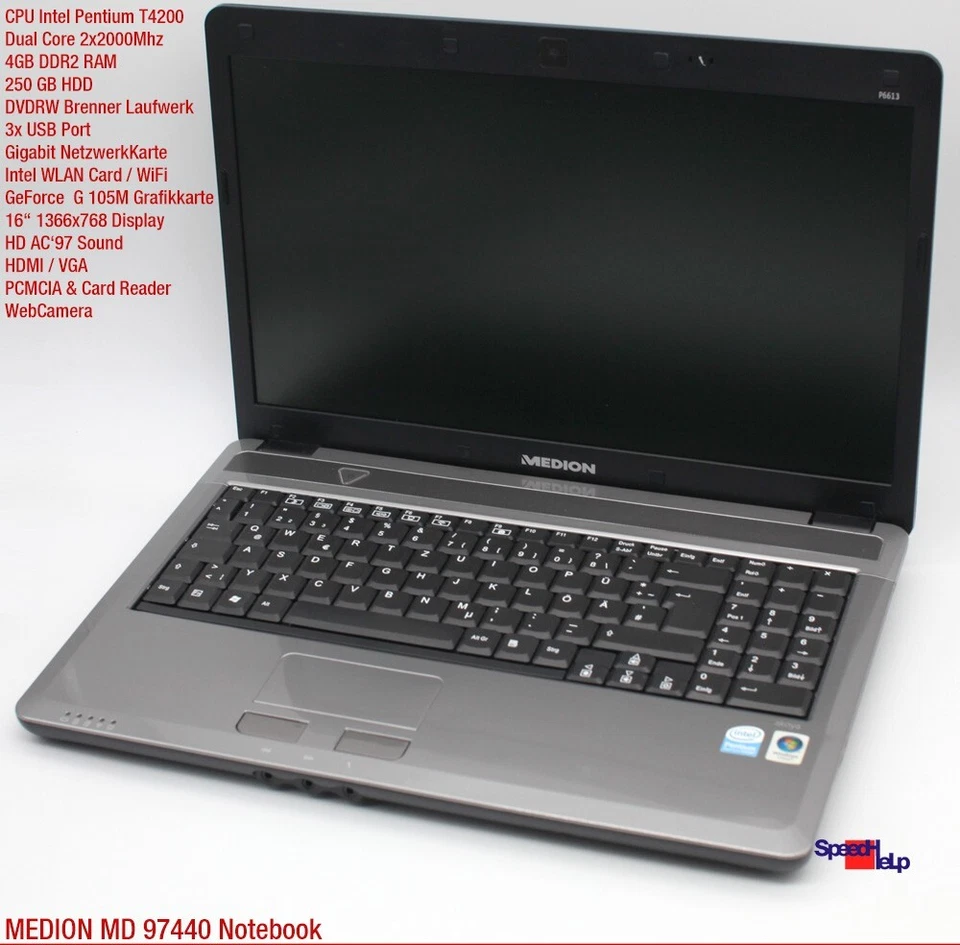 MEDION Md 97440 P6613 Ordinateur Portable Windows 7 XP 4GB 250GB Geforce 16 " HD - Photo 2/4