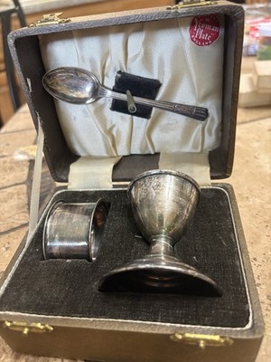 Vintage English Child s Silver plate Spoon, Napkin Ring And Egg Cup By Forman