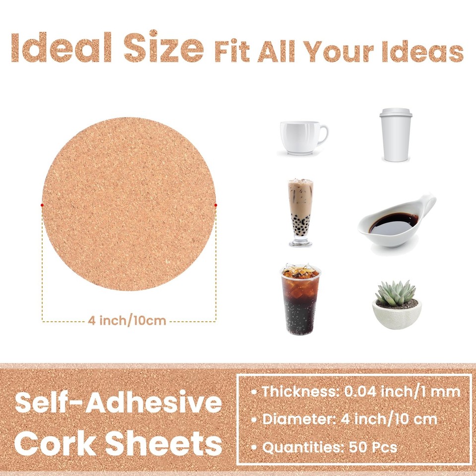50 Pcs Self-Adhesive Cork Sheets for DIY Coasters, 4 Inch Round Backing ...