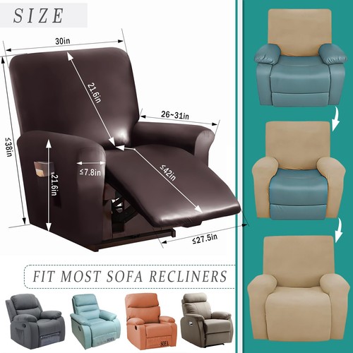1/2/3 Seats PU Leather Stretch Recliner Cover Sofa Cover with Side Pockets Wa... - Picture 2 of 8