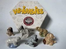 6 Vtg Wade Kitten Beaver Elephant Polar Bear Zebra Dog Whimsies in Box