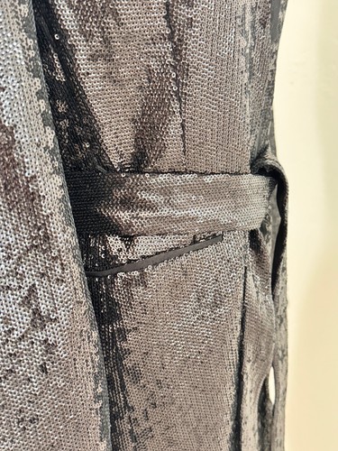 Rachel Zoe Sz 2 Ozur Sequin Smoking Jacket Black Long Sleeve Blazer Tie Belt - Picture 9 of 18