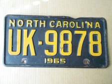 1965 NC North Carolina License Plate UK-9878 Original Tag